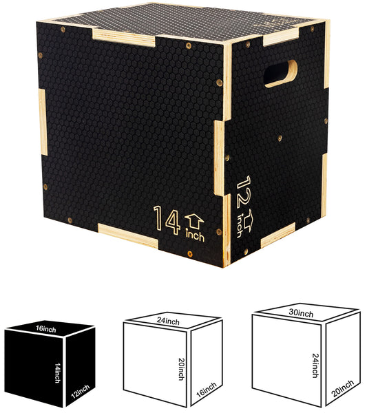 Fitvids 3 in 1 Non-Slip Wooden Plyo Box Plyometric Box Jumping Exercise, 12x14x16 Inches, Black